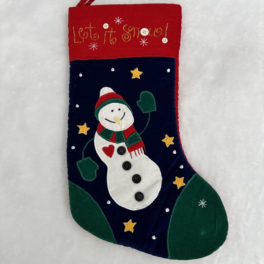 Let it Snow Snowman Velvet Embroidered Buttons Stocking Holiday Christmas Winter